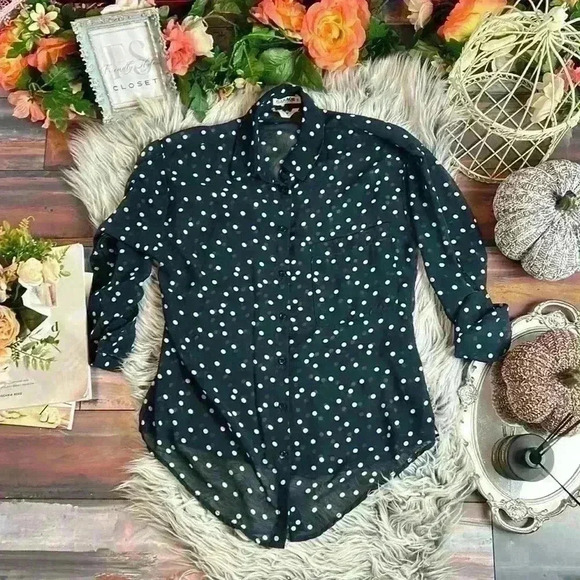 Garage Blue and White Small Polka-Dot Polo Button-Up Blouse, SP - Picture 4 of 7